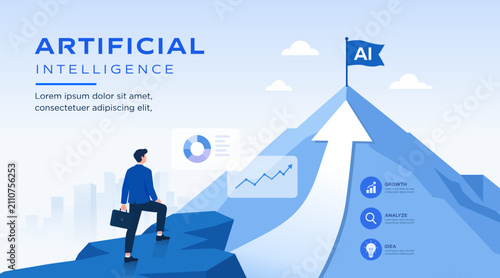 Artificial Intelligence Business Growth Vector with businessman climbing mountain toward AI success, strategy, and innovation. Modern technology illustration for leadership, analytics, digital