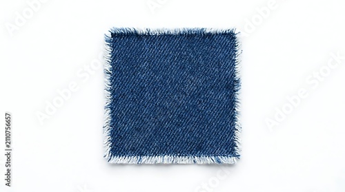 Square Denim Patch with Fringed Edges on White Background