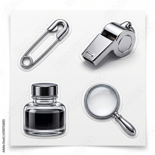 Silver Safety Pin, Whistle, Ink Bottle, and Magnifying Glass Sticker Set