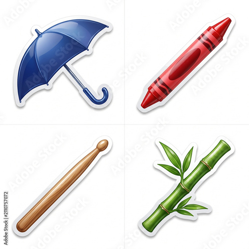Cute Sticker Set Featuring Blue Umbrella, Red Crayon, Drumstick, and Bamboo