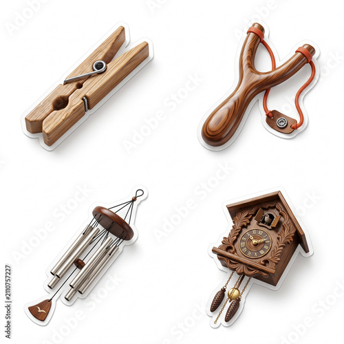 Collection of Wooden Items: Clothespin, Slingshot, Wind Chime, and Clock