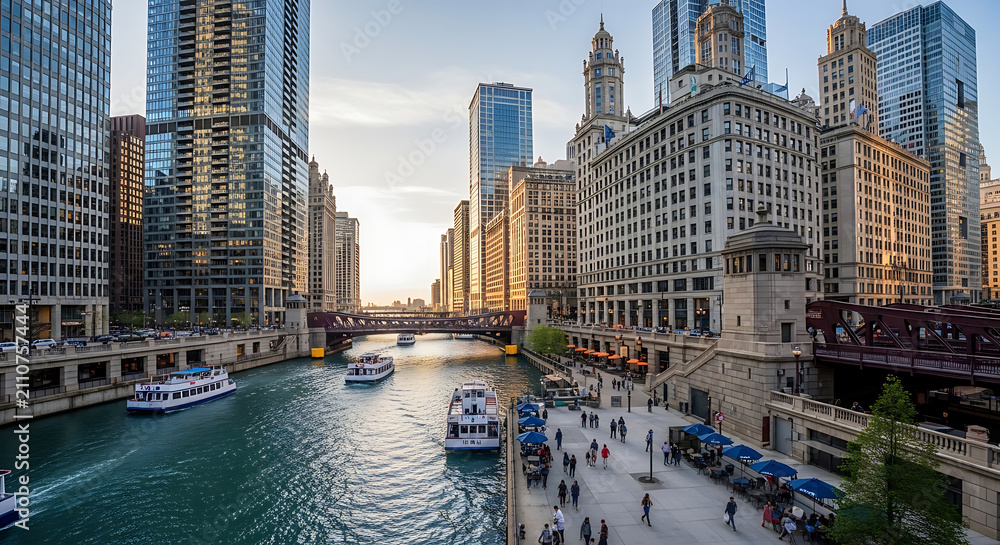 Obraz premium Chicago river scene with boats and skyscrapers in a bustling urban environment daytime cityscape architecture