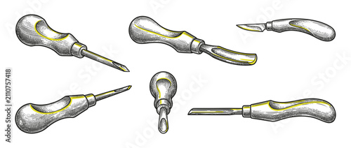 Принти на полотні Set of vintage woodworking carving tools, hand-drawn illustration