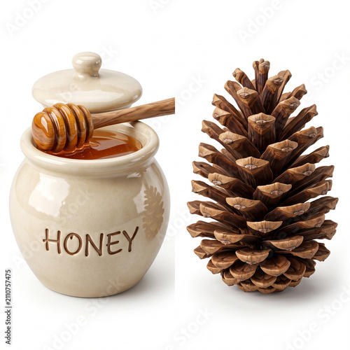 Honey Pot with Dipper and Pinecone Set