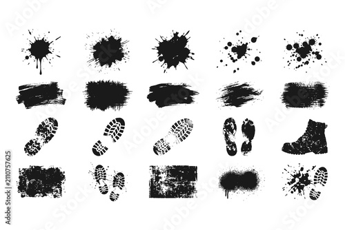 Black ink splatters and rough grunge brush strokes combined with detailed boot footprints forming a versatile collection of design elements