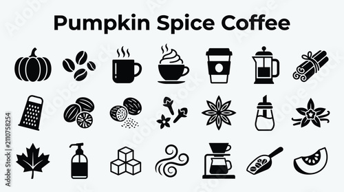 фотографія Pumpkin spice coffee icon set showing ingredients, brewing tools, and autumn fla