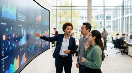 A diverse team of business professionals collaboratively analyzes complex financial data displayed on a large, curved digital screen in a contemporary corporate workspace, fostering teamwork