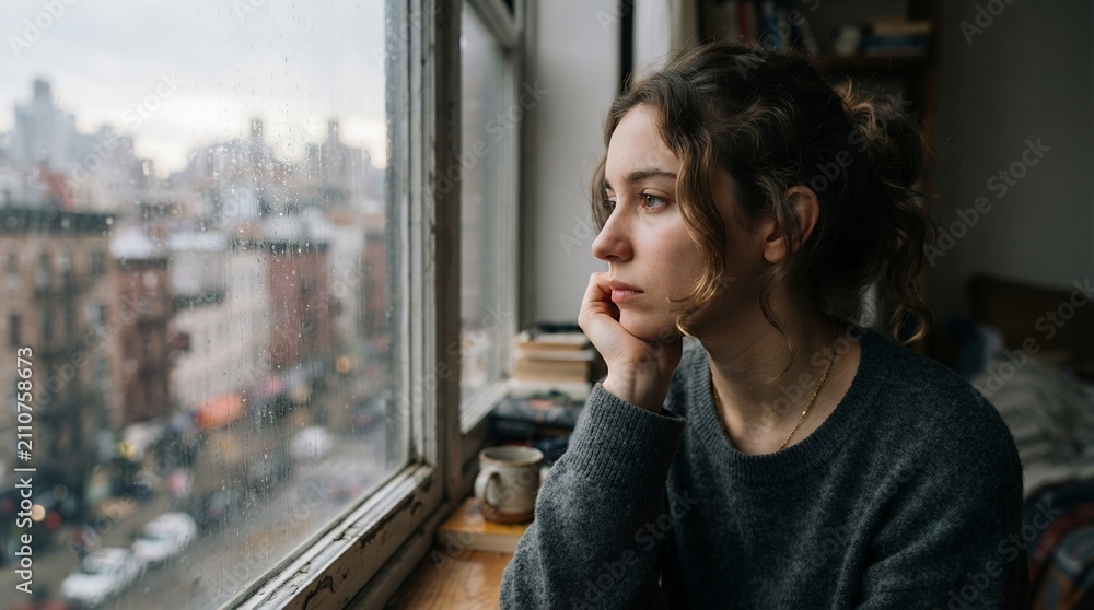 Fototapeta premium Young woman looking out a window on a cloudy day.