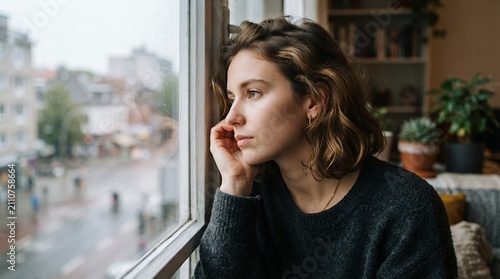 Young woman looking out a window on a rainy day feeling thoughtful.