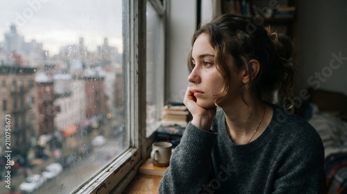 Young woman looking out a window on a cloudy day.