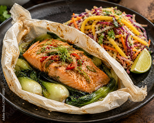 Asian-Style Papillote Salmon on Sautéed Bok Choy with Mango-Rainbow Coleslaw