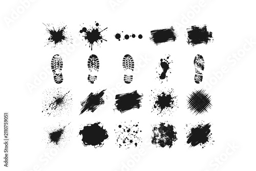 Various black ink splatters and grunge shoe prints arranged in a collection for creative design projects on white isolated backgrounds