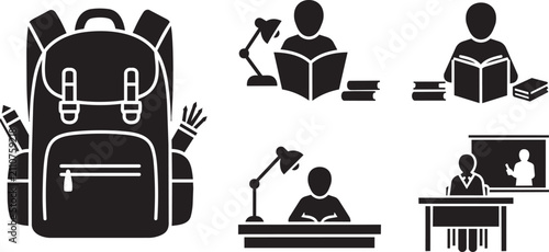 School education icon set, black backpack with supplies, student studying at desk with books and lamp, classroom learning vector graphics