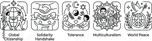 Global Human Unity And Social Tolerance Linear Concept Icon Set