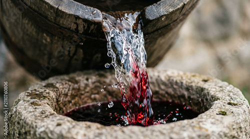 Jesus performing his first miracle, turning six large stone water jars into fine wine at the wedding in Cana
