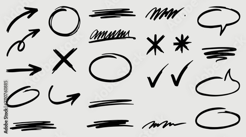 Hand-drawn blue doodle elements set featuring arrows, speech bubbles, numbers, and sketches for creative design