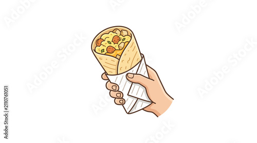 A hand holds a delicious breakfast burrito wrapped in paper