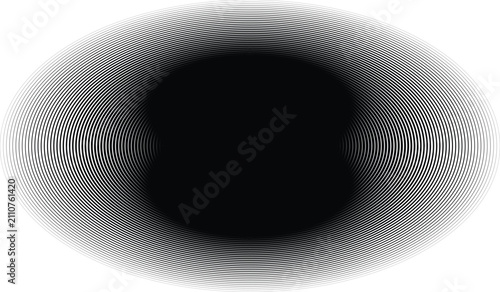 Black and white halftone pattern with concentric circular lines forming an oval tunnel effect on a clean white background texture
