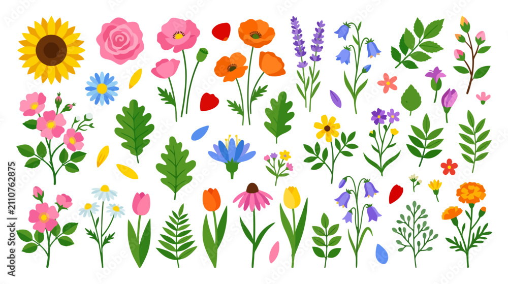Obraz premium Vibrant Floral Collection: Diverse Blossoms & Leaves for Spring & Summer Designs