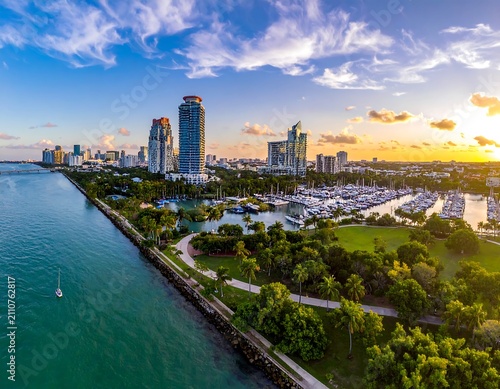 Aerial view of a city skyline at sunset, with tall buildings, a marina, green spaces, and a body of water