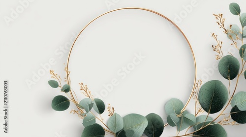 A gold circular frame centered on a light background, adorned with eucalyptus leaves in shades of green and hints of gold
