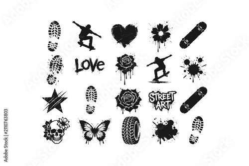 Collection of black ink street art style icons featuring skateboards roses skulls hearts and footprints on a clean white background