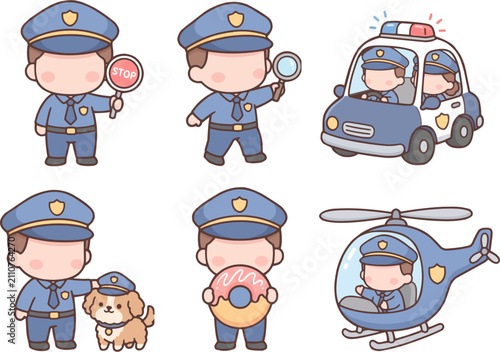 Adorable Police Officer Character Set with Patrol Car Helicopter and K9 Dog