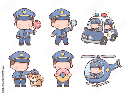 Cute Chibi Police Officer Character Activities and Transportation Vector Set

