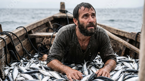 The calling of Peter. Jesus in Peter's boat, commanding him to lower the nets, resulting in a miraculous, boat-sinking catch of fish