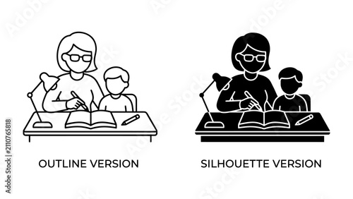 Teacher and Student Studying Together: A teacher guides a young student in their studies, both focused on an open book at a desk with a lamp, emphasizing learning and dedication.