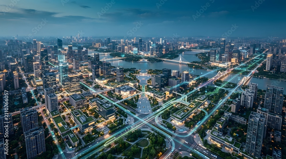 Obraz premium mart City Urban Planning with High-Tech Infrastructure and River Bridge.