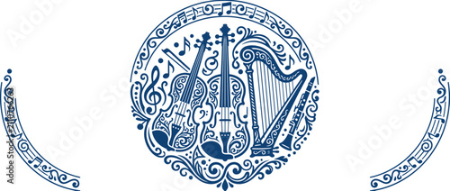 Bild auf Leinwand Ornate Circular Music Design with String Instruments and Notes