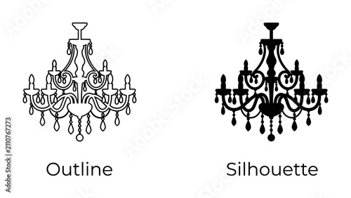 Foto Chandelier Outline and Silhouette: Two artistic representations of a classic chandelier, one in a detailed outline and the other as a bold silhouette