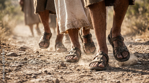 Jesus walking and talking with two grieving disciples on the dusty road to Emmaus after the resurrection