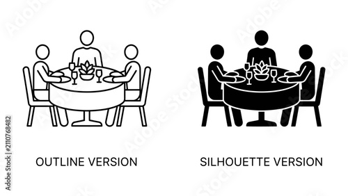 Dinner Party Icon Set: A set of simple icons depicting people dining together around a round table, presented in both outline and silhouette versions, representing a social gathering and meal.