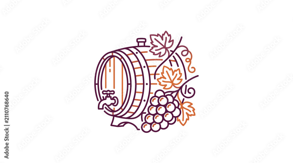 Obraz premium A stylized line art illustration of a wooden wine barrel with grapes