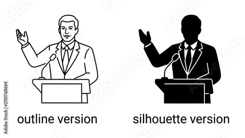 Obraz na plátne Speaker and Podium: Two depictions of a man speaking at a podium, one in outline and one in silhouette, conveying public speaking and presentation
