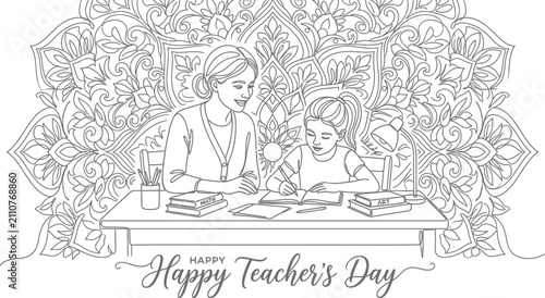 Coloring Page Featuring A Teacher Helping Student Learn Lessons