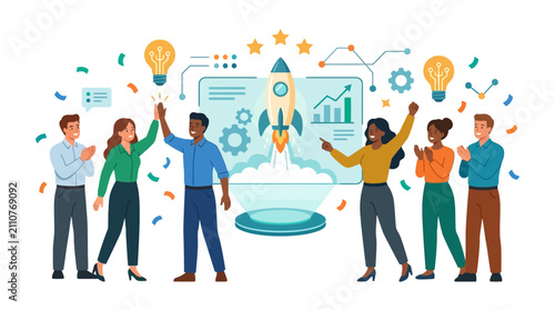 Teamwork success: People celebrating startup launch with rocket and ideas