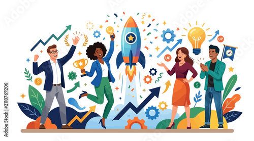 Teamwork success launch rocket, business startup inspiration, celebration, achievement concept