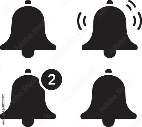 Notification bell icon. Alert symbol. Simple pictogram for reminder, alarm, message notification, app update, warning, ring, announcement and user interface notice.