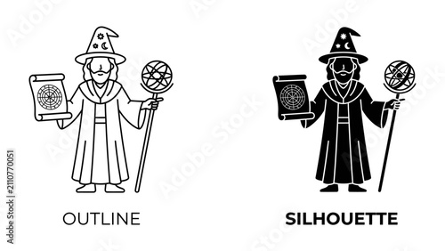 Wizard Illustration: A magical wizard character is depicted in both outline and silhouette versions, holding a scroll and a mystical orb on a staff, ready for fantasy or game design.