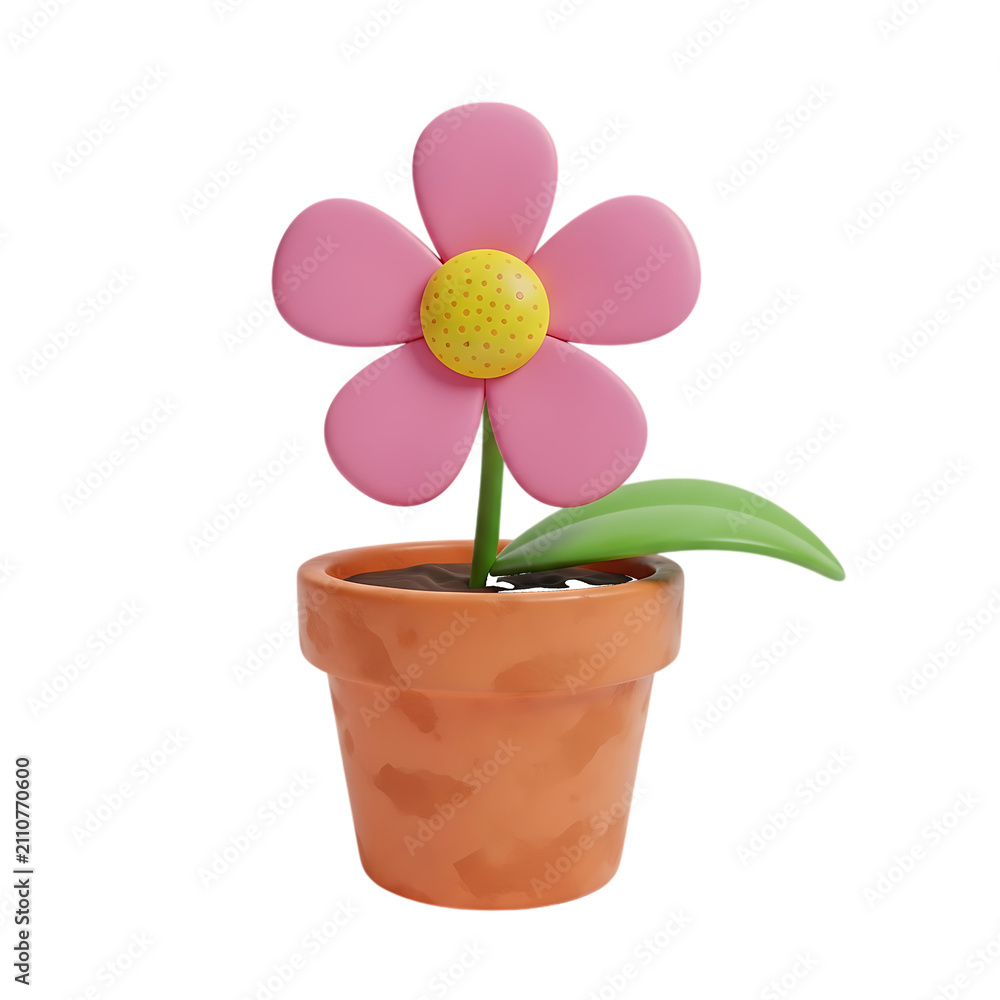 Obraz premium A3d rendered cartoon-style pink flower with a yellow center, in a terracotta pot with soil and a green leaf