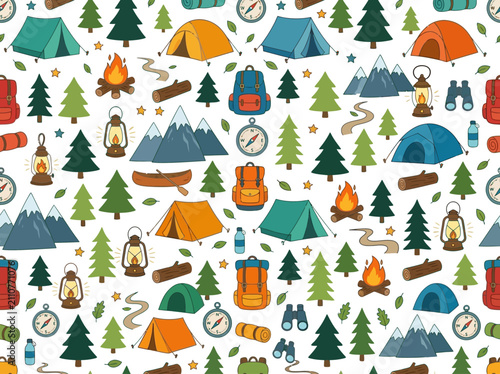 Colorful Camping Themed Pattern With Outdoor Gear.