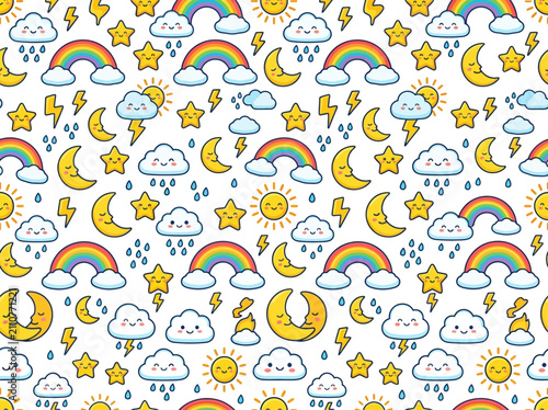 Colorful Weather Themed Cartoon Clouds And Rainbows.