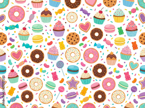Colorful Assortment Of Delicious Donuts And Cupcakes Pattern.