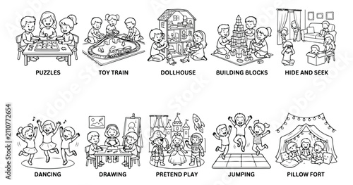 Foto Children playing indoor activities vector set, 10 coloring page icons of kids ga