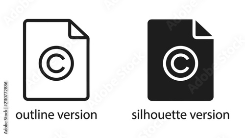 Принти на полотні Copyright Symbol Icons: Two document icons featuring a copyright symbol (C inside a circle), presented in both outline and silhouette versions, representing intellectual property and legal protection