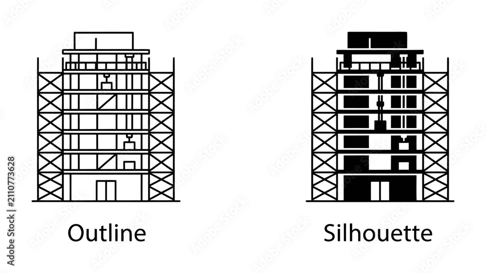 Fototapeta premium Building Construction Comparison: A side-by-side comparison shows an outline and silhouette of a multi-story building under construction, highlighting the scaffolding and structural elements.
