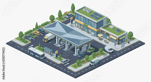 Modern fuel station with eco-friendly amenities.